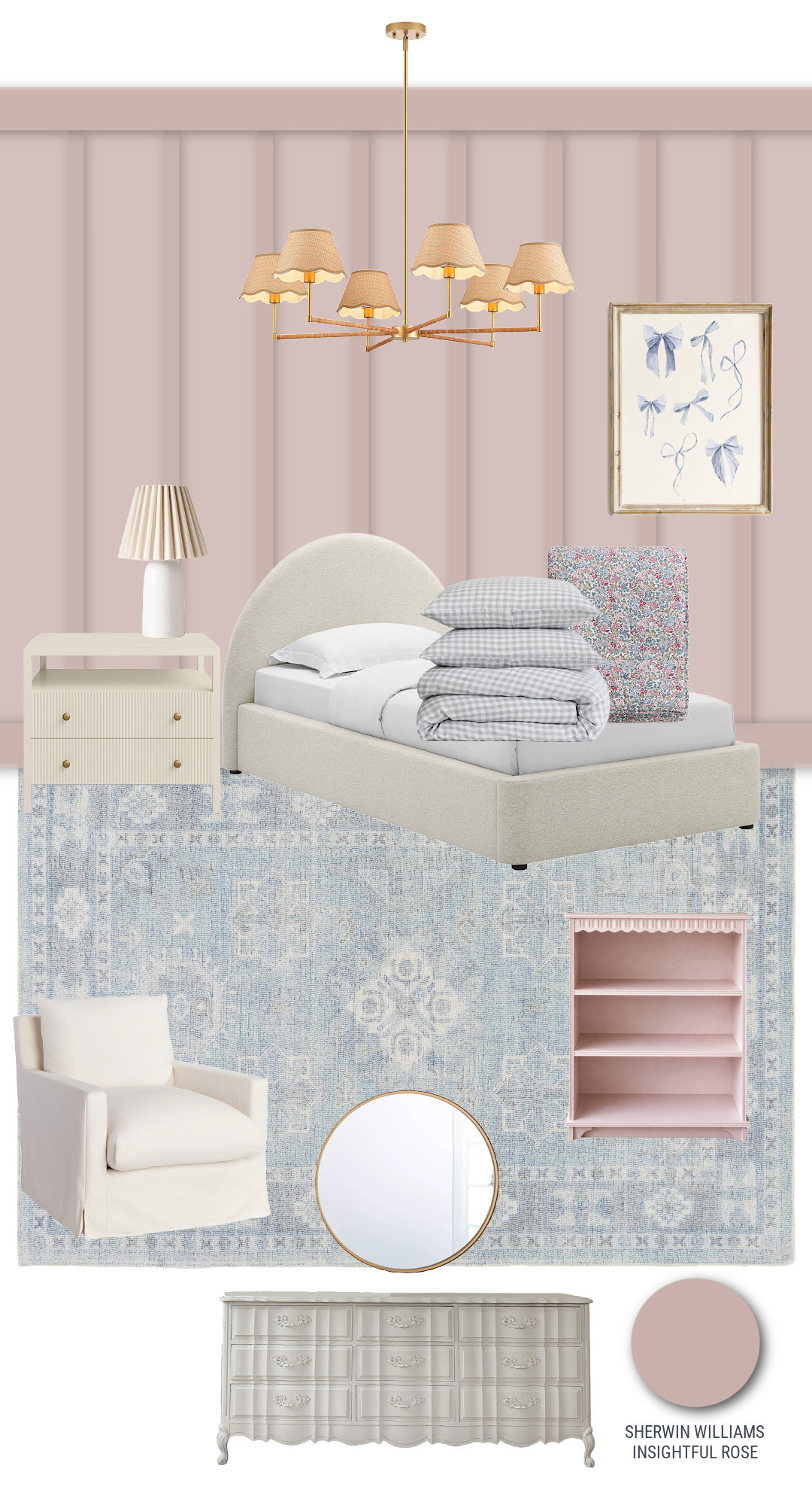Warm blush walls meet soft blues and delicate patterns for a girls room that feels charming, cozy, and just a little bit elevated. The mix of classic silhouettes and playful details makes it timeless with a fresh, girly twist.

girls room decor, pink girls bedroom, sherwin williams insightful rose, blush walls nursery, blue and pink bedroom, vintage girls room, scalloped furniture kids, floral bedding girls room, classic kids bedroom design, soft feminine bedroom, cottage style girls room, affordable girls room ideas 

 #LTKHome #LTKKids