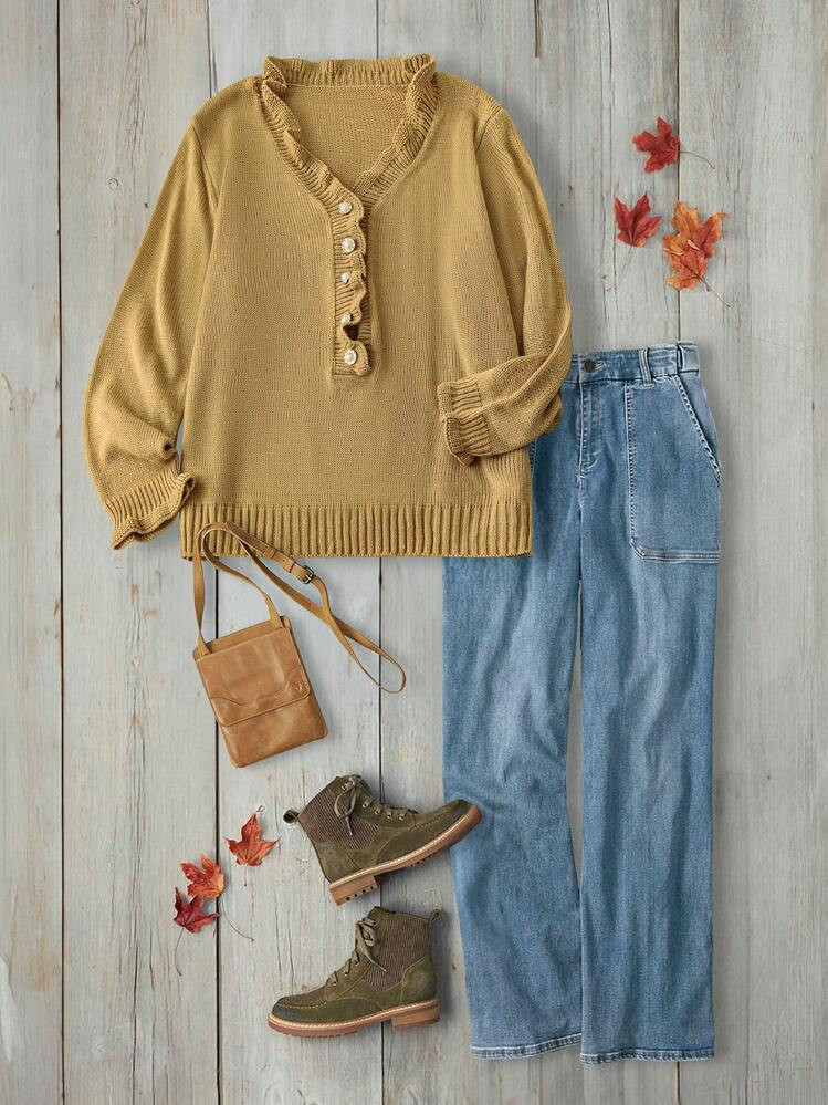 Plus Size Women V-Neck Button Front Ruffle Trim Long Sleeve Sweater, Fall Clothes Knit Pullover Fall Winter Outfit | SHEIN