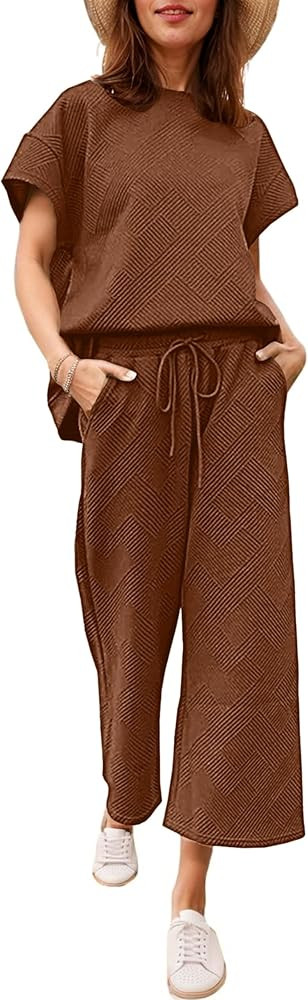Ekouaer Womens 2 Piece Outfits Sweatsuits Casual Pullover Cap Sleeve Tops and Wide Leg Sweatpant ... | Amazon (US)