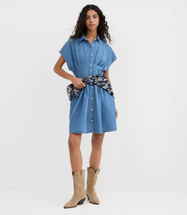 Chambray Pleated Mini Pocket Shirtdress | LOFT