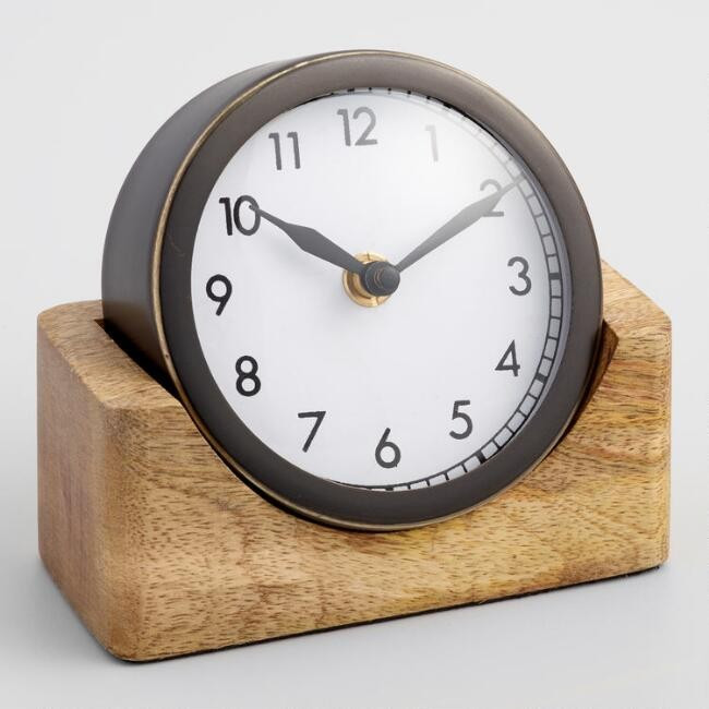 Round Black Clock With Wood Stand | World Market