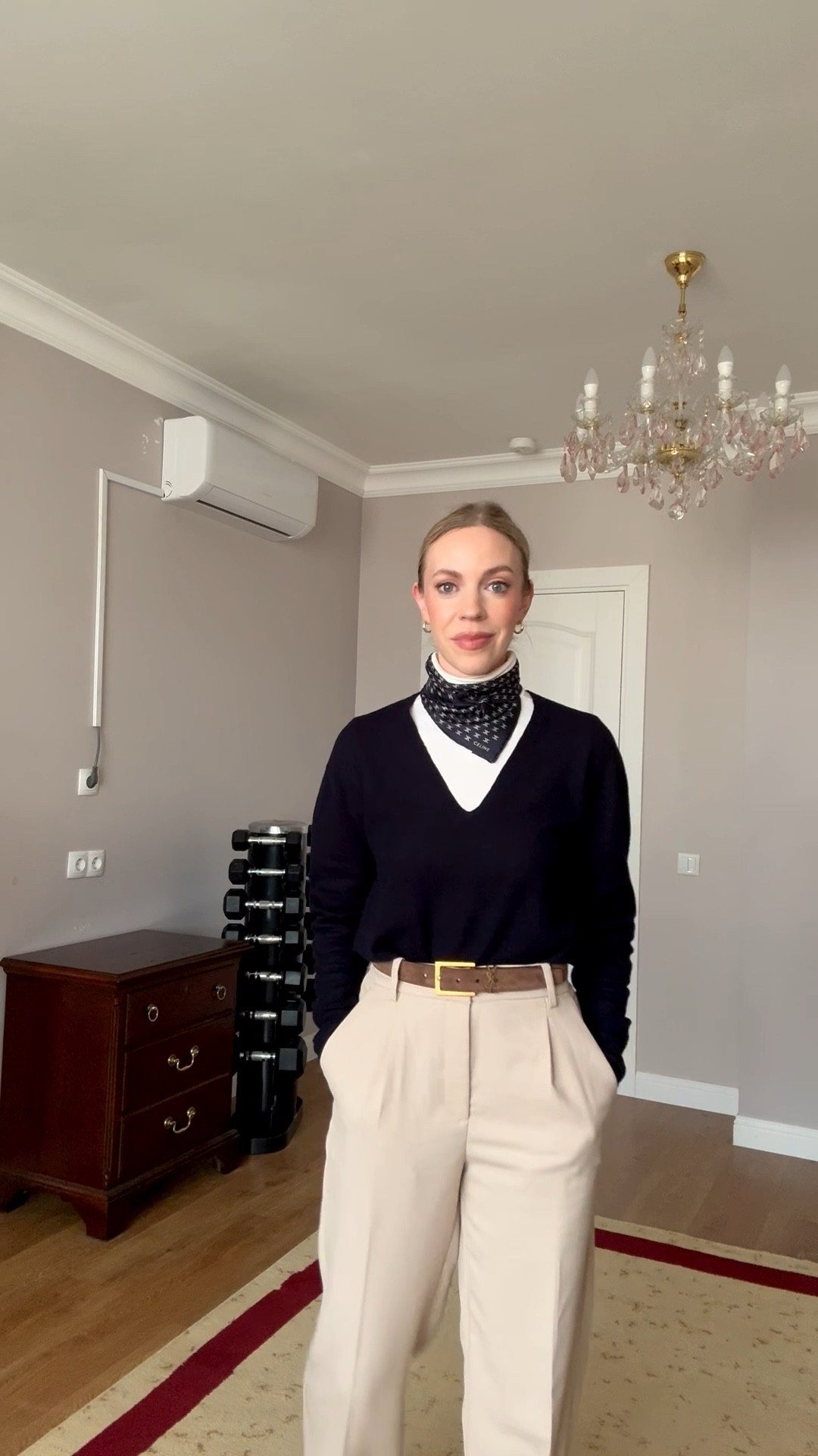 Work outfit, business casual workwear, spring workwear, @Zara navy blue sweater, silk scarf, suede YSL belt 

#LTKOver40 #LTKootd #LTKWorkwear