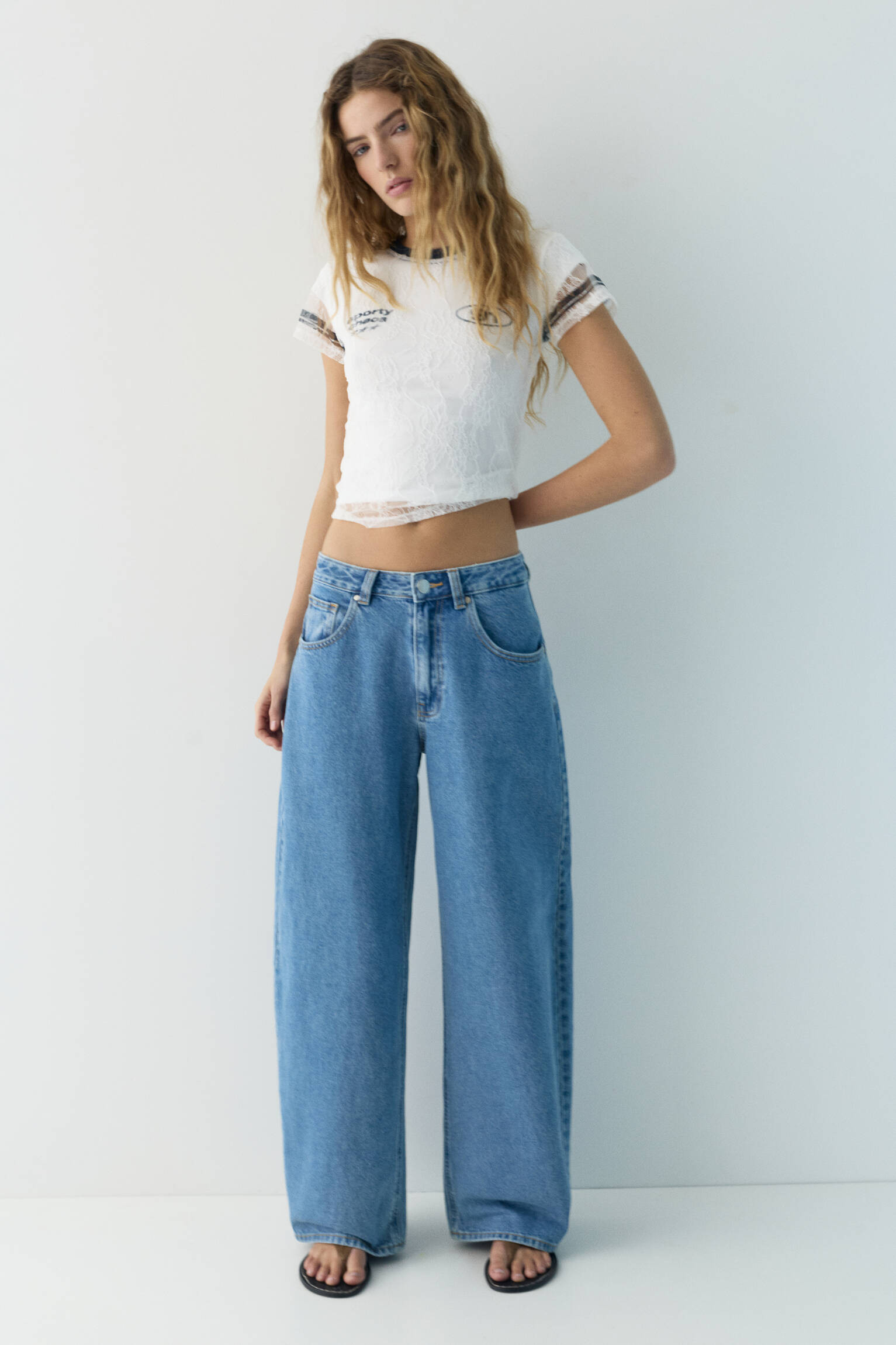 Balloon fit jeans with embroidered text | Pull&Bear United Kingdom | PULL and BEAR UK