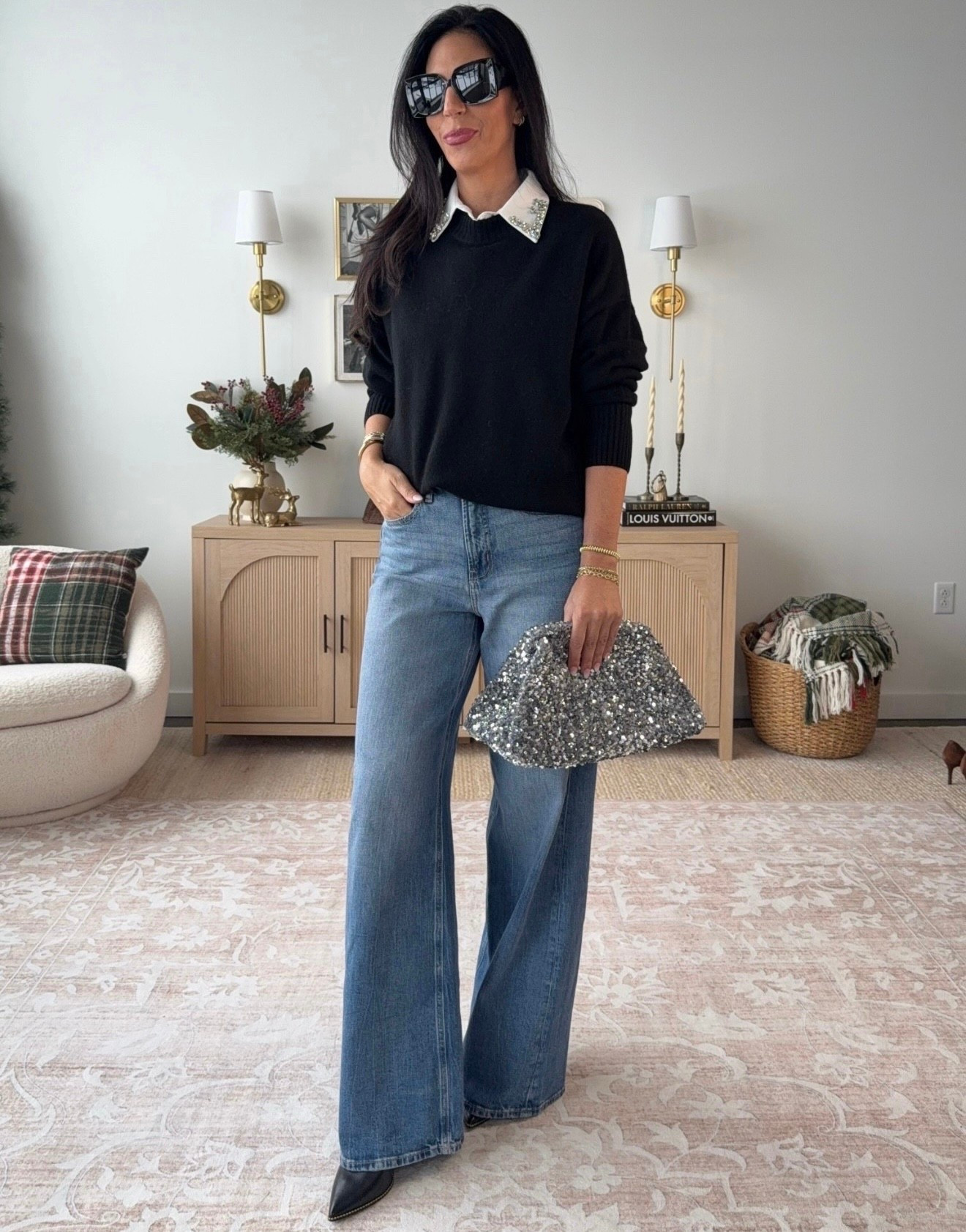 Holiday style in a nutshell: sparkly Amazon collar, blingy bag, wide-leg denim + cozy sweater + heels. Festive, elevated, and still comfy.✨
Rhinestone fake collars- medium 
Sweater - small 
Denim - 2 long 
Heels- tts 

#ltku #ltkover40


#LTKgrwm #LTKU #LTKHoliday #LTKFindsUnder50 #LTKootd #LTKFindsUnder100
