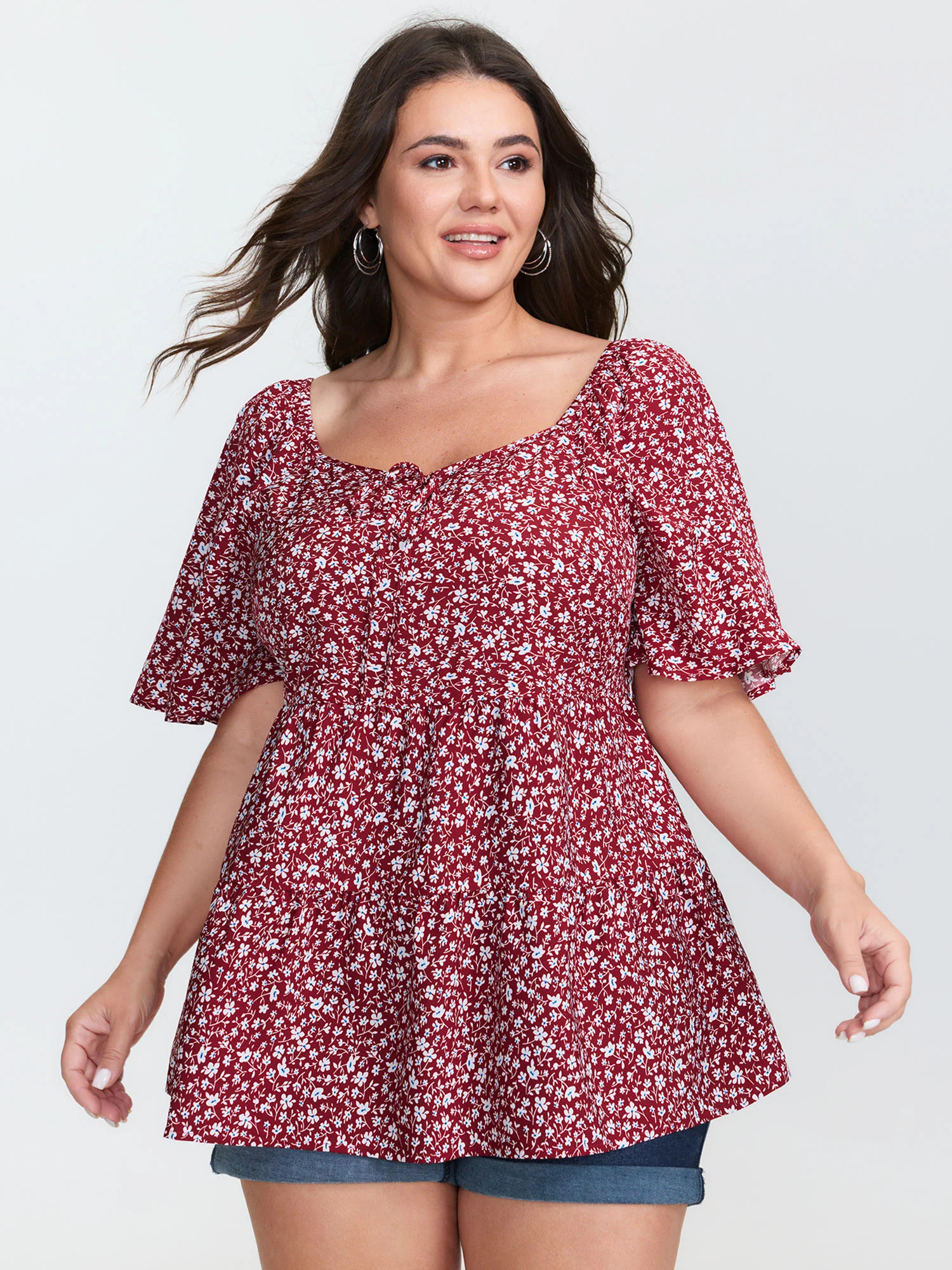 Micro Floral Print Sweetheart Neck Blouse | Bloomchic