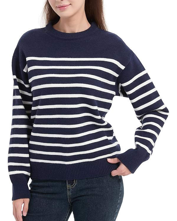 Tronjori Womens Striped Jacquard Crewneck Sweaters Pullover Casual Fall Winter Long Sleeve Knit T... | Amazon (US)