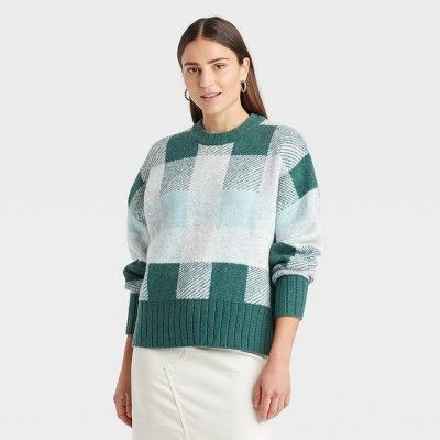 Women&#39;s Crewneck Pullover Sweater - A New Day&#8482; Teal Plaid M | Target