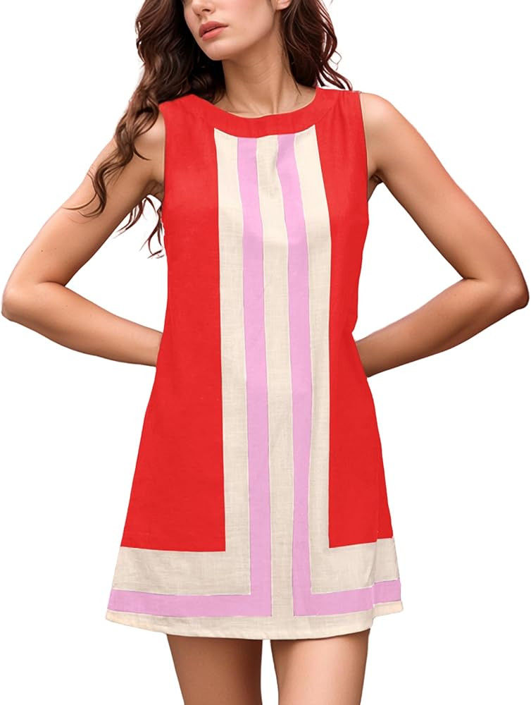 Daacee Women’s Boho Color Block Mini Dress Casual Summer Flowy Sleeveless Striped Dresses Beach... | Amazon (US)