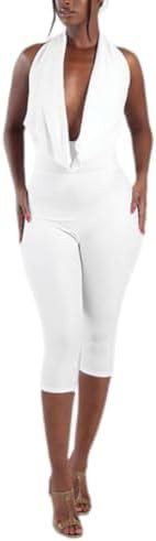 Amazon.com: LXUAMR Jumpsuits for Women Sexy Backless Deep V Neck Halter Jumpsuit Bodycon Capri Ju... | Amazon (US)