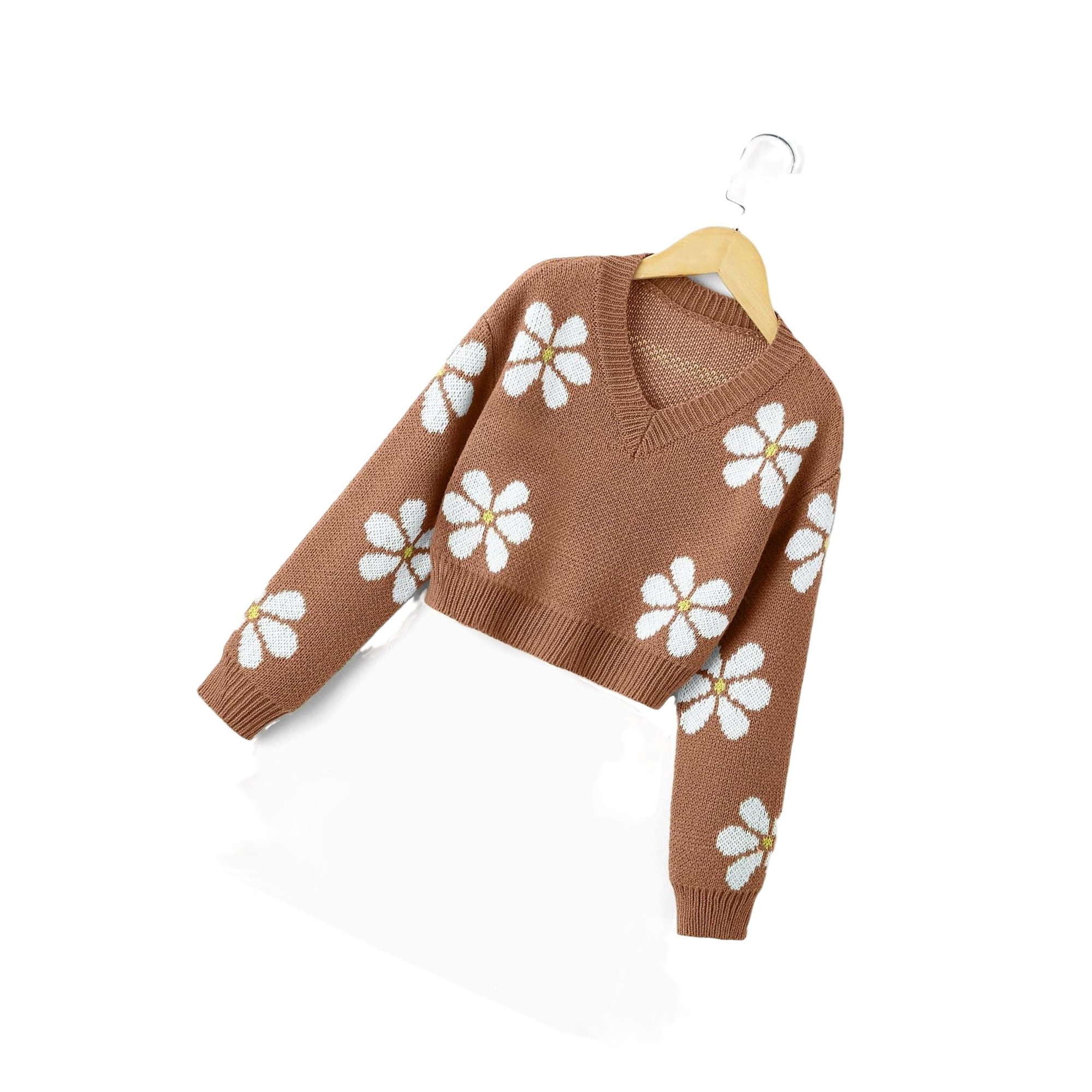 Casual Floral Print V neck Pullovers Long Sleeve Coffee Brown Girls Sweaters (Girl's) | Walmart (US)