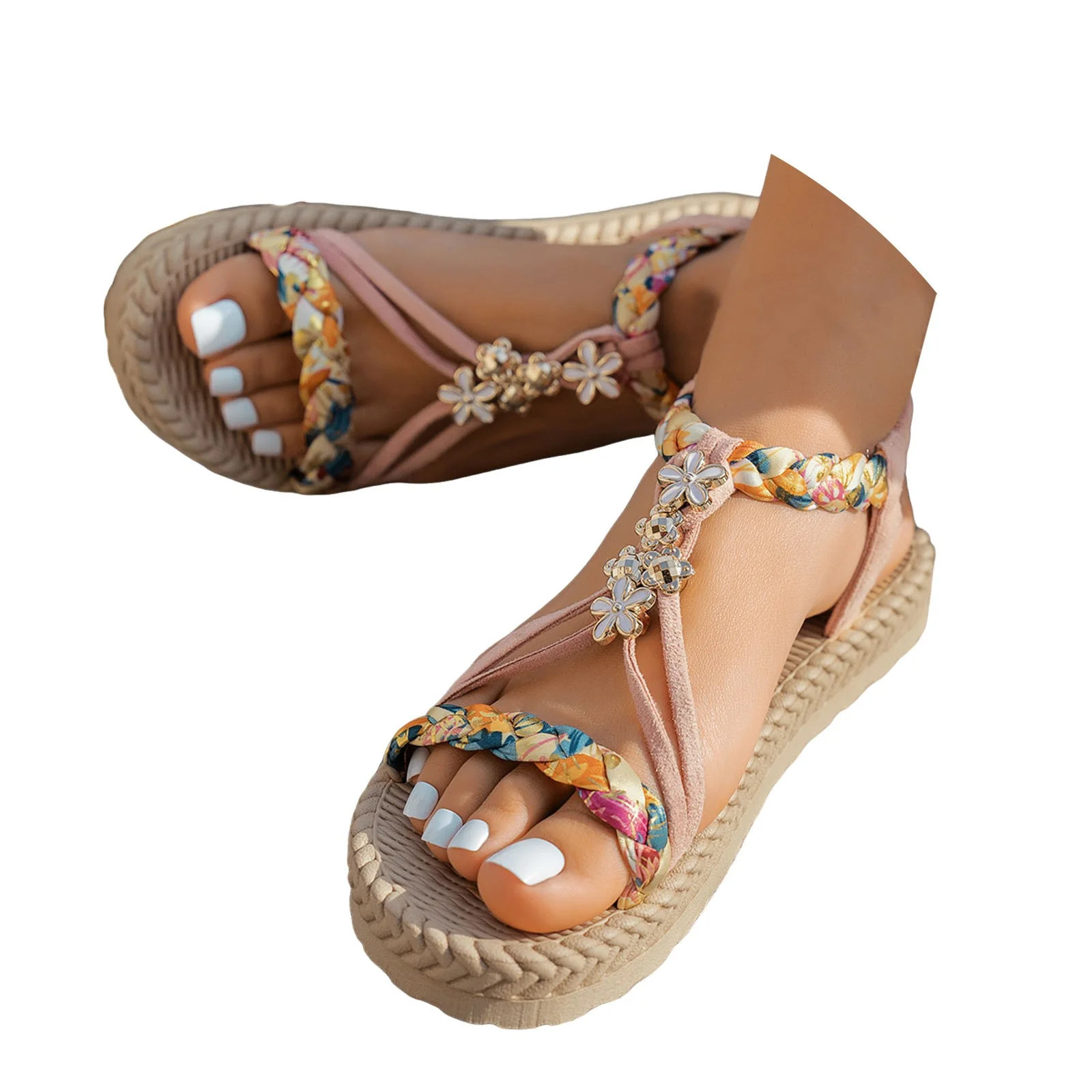 Bohemian Flat Sandals for Women 2025 Summer Beach Boho Casual Platform Elastic Ankle Strap Dressy... | Walmart (US)