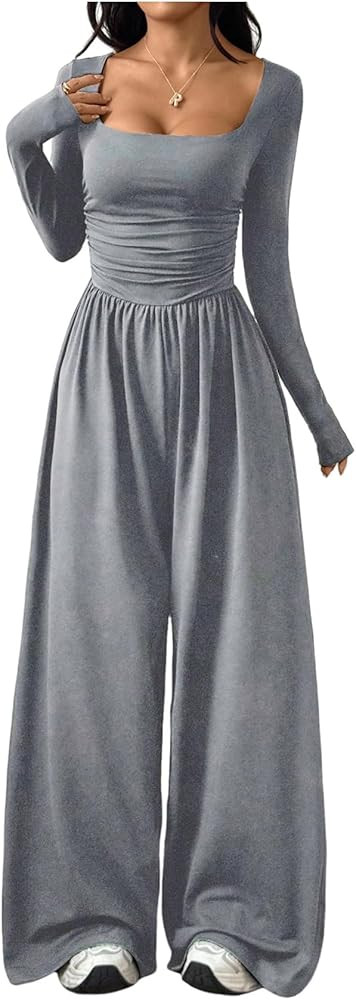 Verdusa Women's Long Sleeve Jumpsuit Ruched Wide Leg One Piece Rompers Comfiest Airport Outfits | Amazon (US)