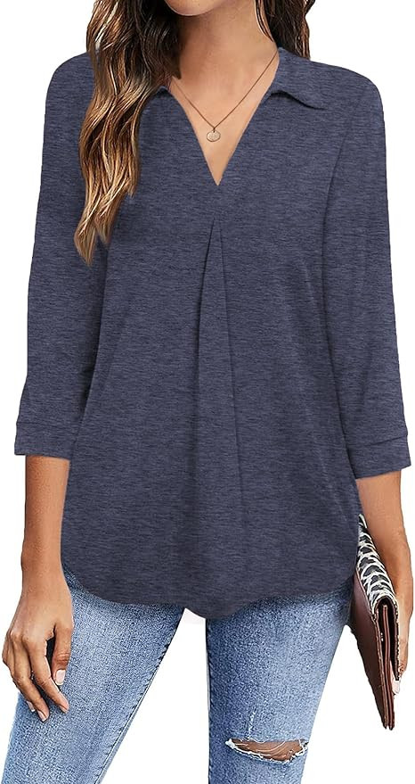 Newchoice Womens Collared V Neck 3/4 Sleeve Shirts Business Casual Tops Loose Work Blouses (M-3XL... | Amazon (US)