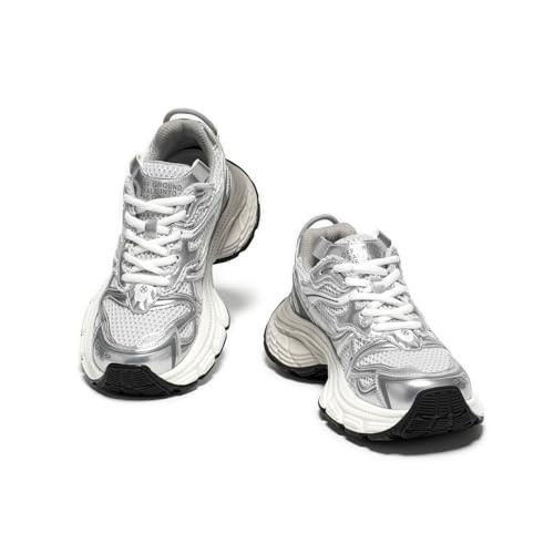 BEAU TODAY Chunky Sneakers for Women, Womens Fashion Sneakers, Leather Sneakers for Women, Comfortable Casual Lace-Up Breathable Dad Shoes Silver-1 US 7.5 | Amazon (US)
