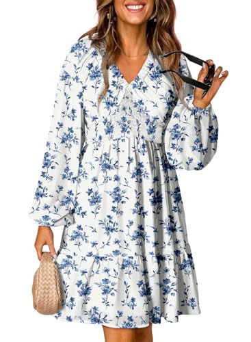 Dokotoo Easter Dresses for Women Spring Summer Dresses Long Sleeve V Neck Smocked Waist Babydoll Tunic Boho Dress Casual Cute Weeding Guest A Line Swing Beach Short Sun Dress Sundress White Small | Amazon (US)