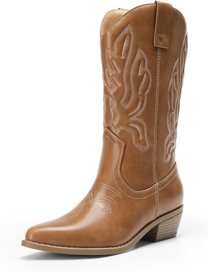 DREAM PAIRS Women's Cowboy Boots Mid Calf Cowgirl Boots Embroidery Stitched Western Boots | Amazon (US)