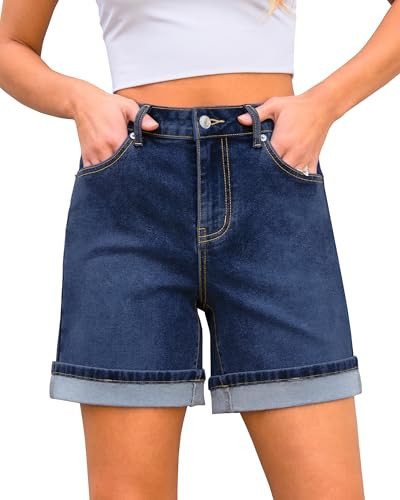 luvamia Jean Shorts for Women Trendy High Waisted Mid Thigh Fold Hem Cutoff Casual Summer Stretchy Denim Shorts Jorts Rodeo Outfit for Women Classic Blue Medium Fits Size 8 Size 10 | Amazon (US)