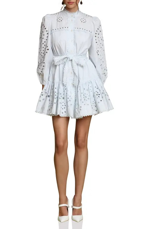 Avec Les Filles Eyelet Tie Belt Long Sleeve Mini Shirtdress in Ice Blue at Nordstrom, Size 10 | Nordstrom