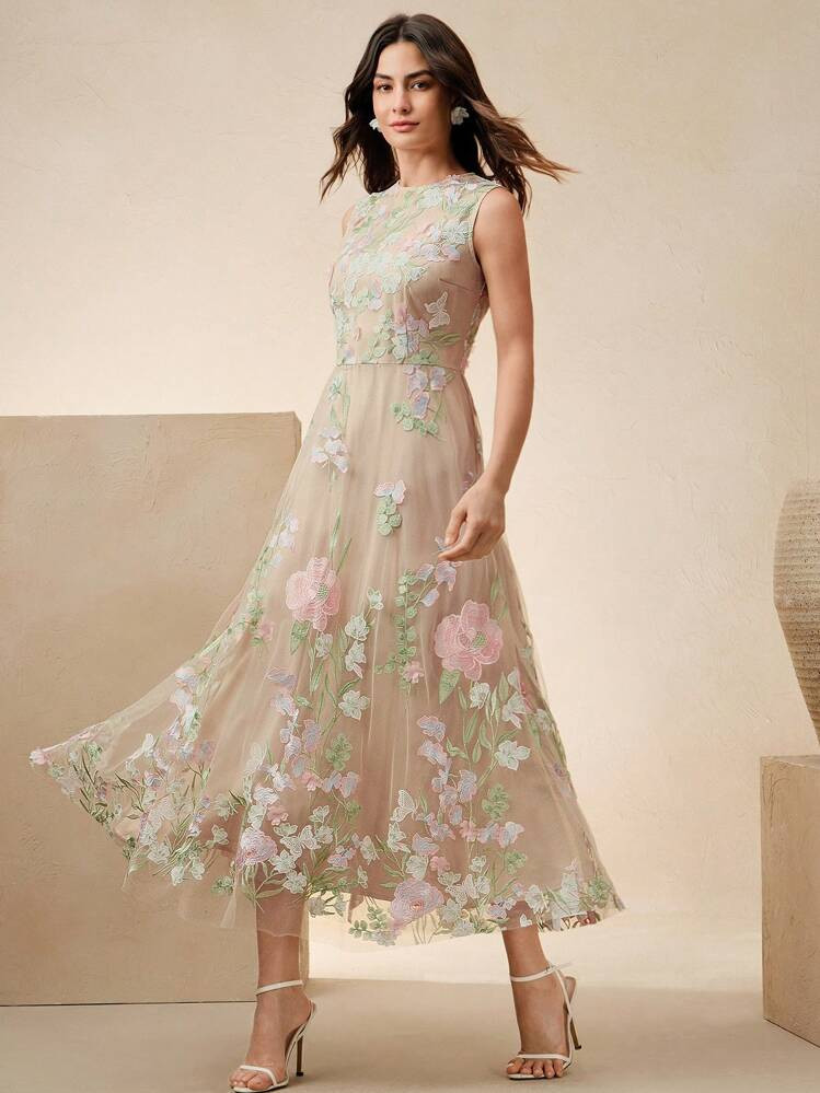 Anewsta Women Sleeveless Embroidered Floral Dress,Elegant & Chic Vacation,Festival, Easter,Wedding Guest Dress, Spring/Summer | SHEIN
