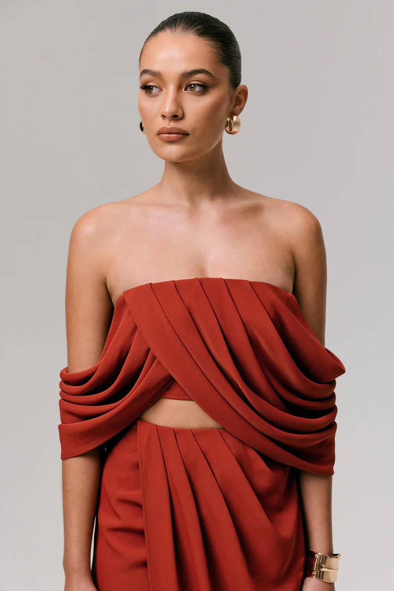 Talika  Terracotta Bardot Crop-Top With Draped Sleeves | Club L London