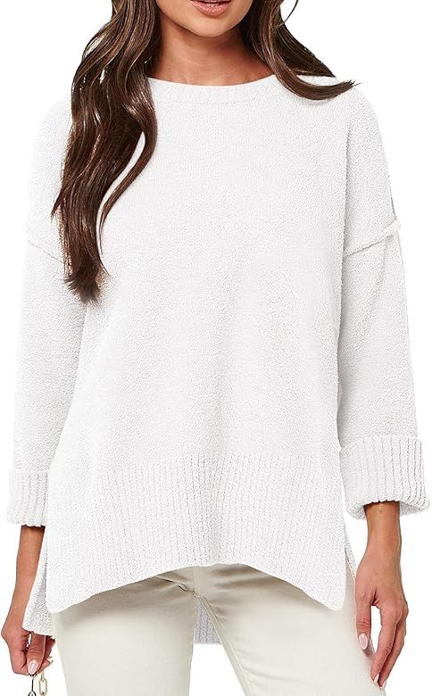 ANRABESS Women's Crewneck Oversized Sweaters Fuzzy Knit Chunky Warm Side Slit Pullover Long Sleev... | Amazon (US)