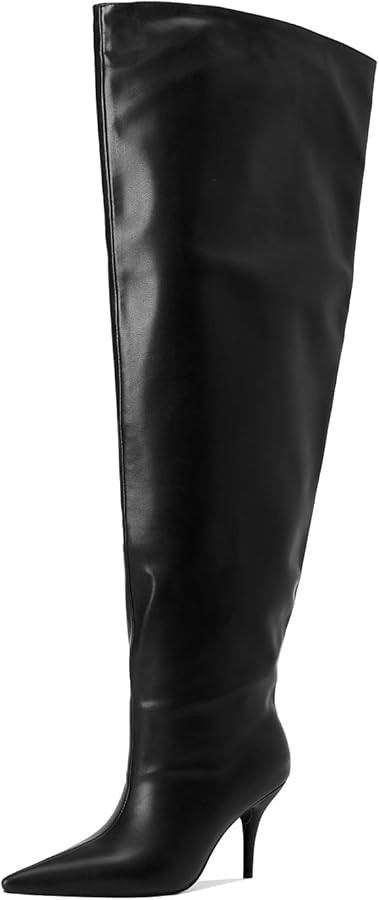 Women's Wide Calf Thigh High Heeled Boots Stiletto Cone Heel Boots Pointed Toe Pull On Black Boot... | Amazon (US)