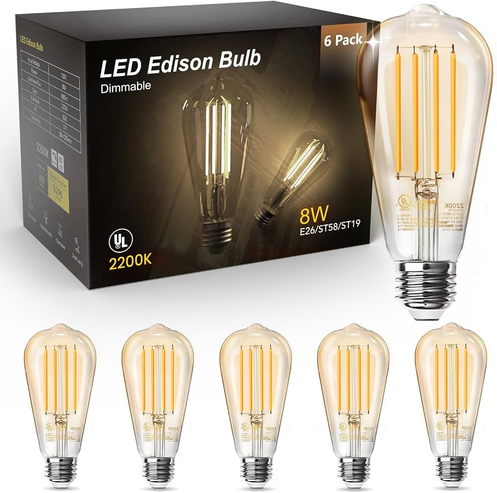 TJOY 6 Pack Vintage 8W ST58 LED Edison Amber Light Bulbs, 60W Equivalent, 800 Lumens, 2200K Soft ... | Amazon (US)