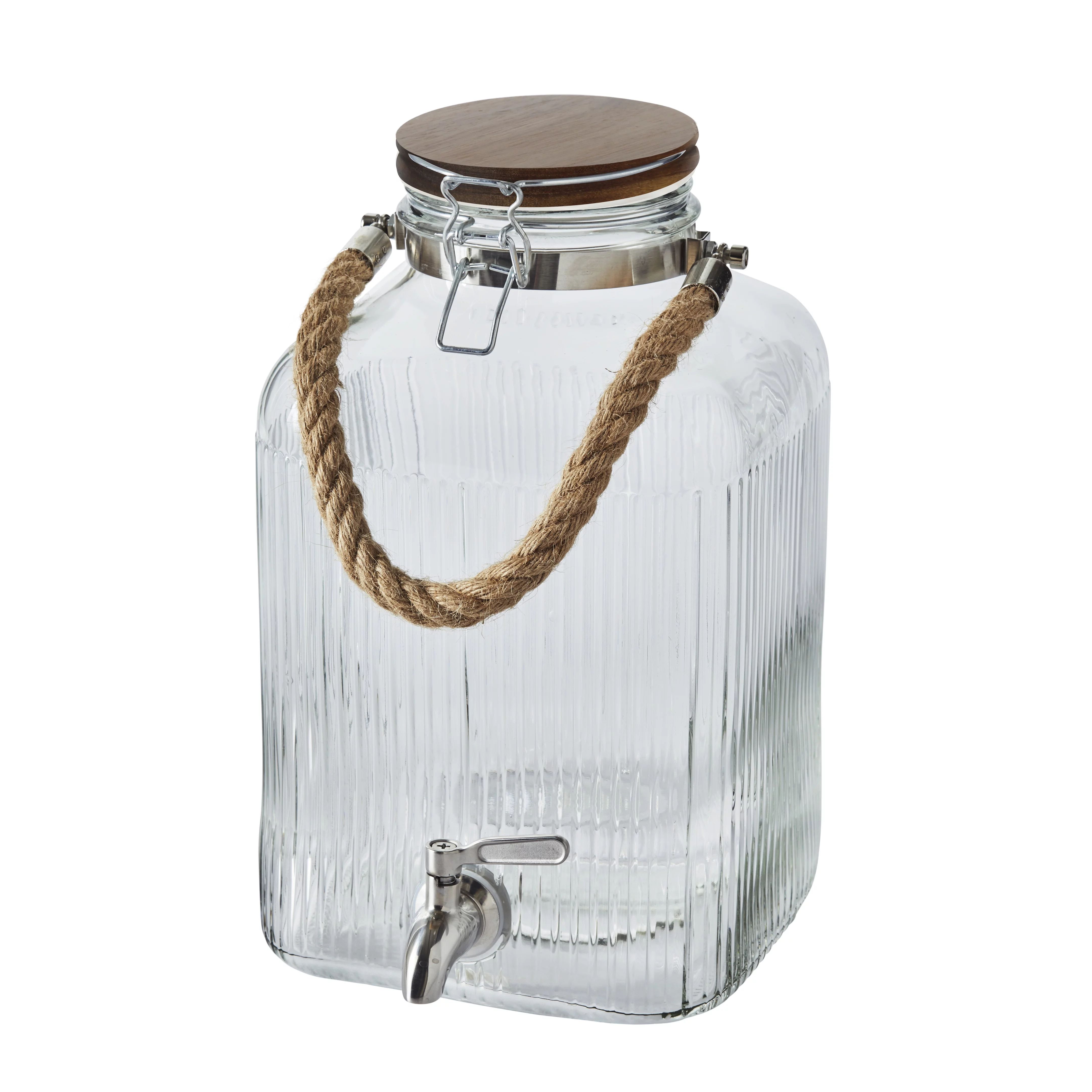 Better Homes & Gardens 2 Gallon Ribbed  Clear Glass Beverage Dispenser with Acacia Wooden Lid | Walmart (US)