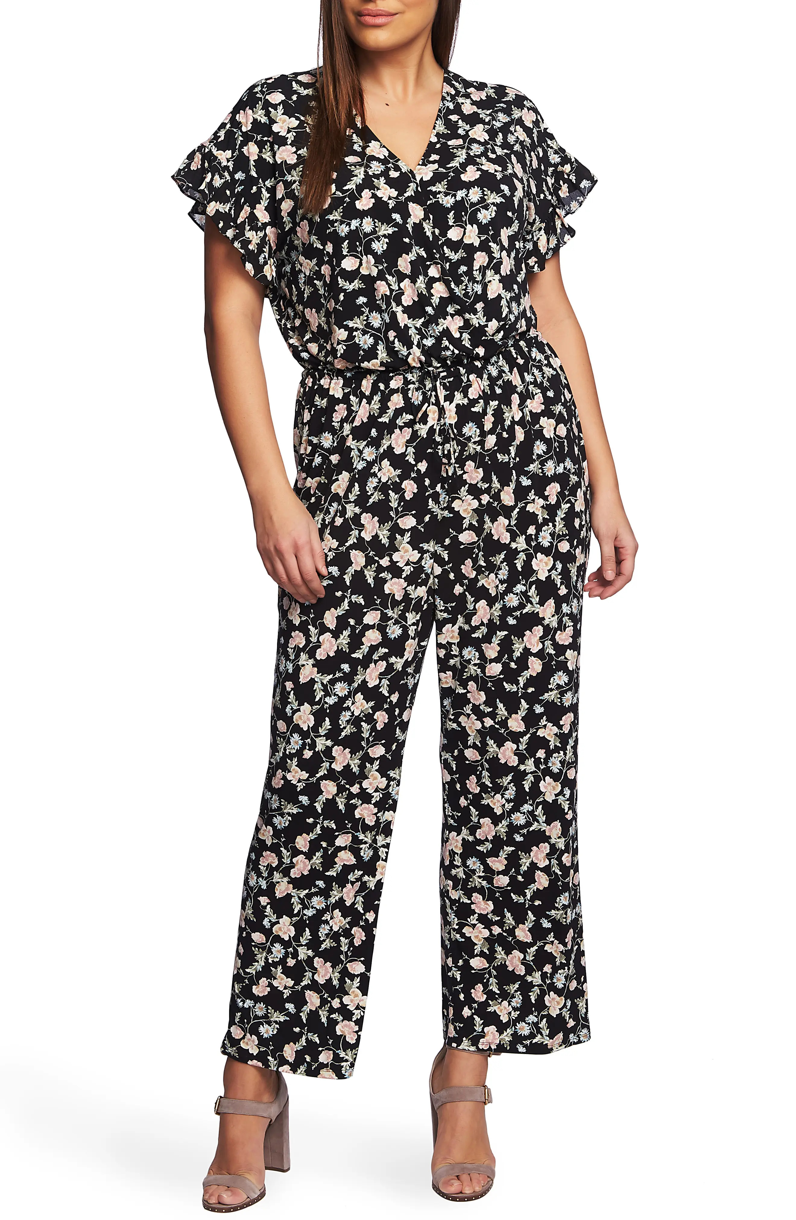 CeCe Duchess Floral Print Faux Wrap Jumpsuit in Rich Black at Nordstrom, Size 1X | Nordstrom