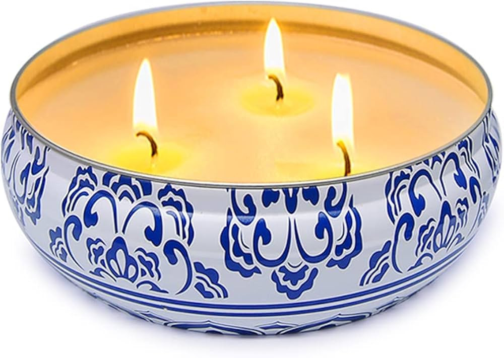 Citronella Candles Outdoor, Large 3 Wicks Soy Wax Candles in Blue and White Tin with Lid, 75 Hour... | Amazon (US)