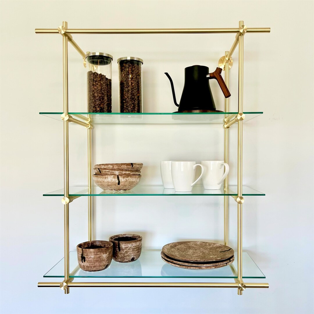 Wall Mounted Brushed Brass Shelves: 30 inches wide by 36 inches high by 12 inches deep. | Etsy (US)