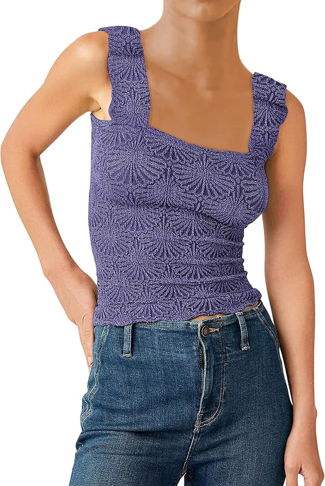 Women Square Neck Crop Tank Tops Jacquard Floral Sleeveless Wide Straps Crop Tops Love Letter Cam... | Amazon (US)