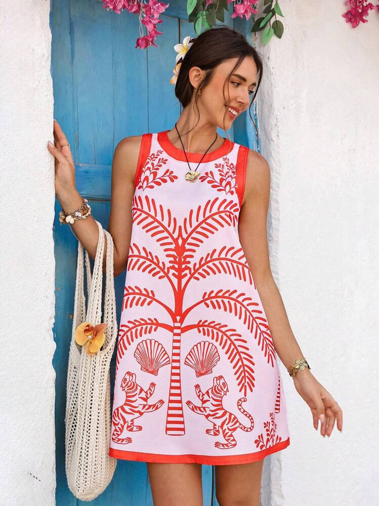 Vivid Eden Women's Vacation Casual Tiger Coconut Tree Print Mini Dress,Summer Outfits For Women,Summer Dresses For Women, Beach Outfits For Woman,,Mother Day Dress | SHEIN