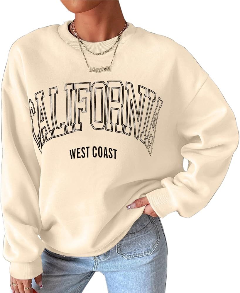 Cioatin Women’s Oversized California Letter Graphic Crew Neck Sweatshirt Drop Shoulder Baggy Fl... | Amazon (US)