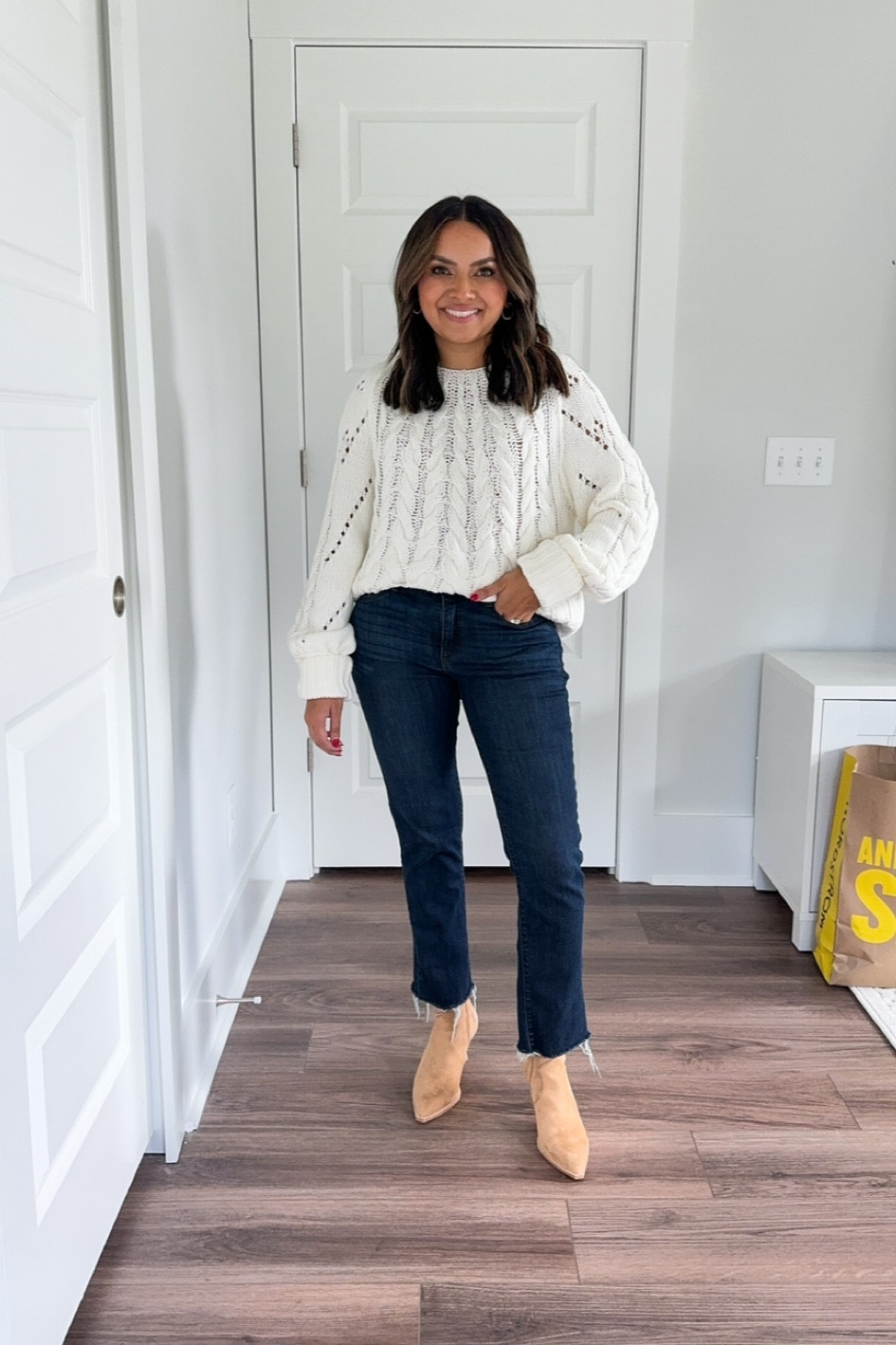 White cable knit sweater size XS TTS 
Dark blue wide leg jeans size 2 Petite TTS - I can wear with flats  
Camel booties size 6 - sized up half a size

NORDSTROM SALE 
NSALE 
Airport outfit 
Teacher outfits 
Fall outfits 
Boots 

Honey Sweet Petite 
Honeysweetpetite

#LTKxNSale #LTKSaleAlert #LTKStyleTip