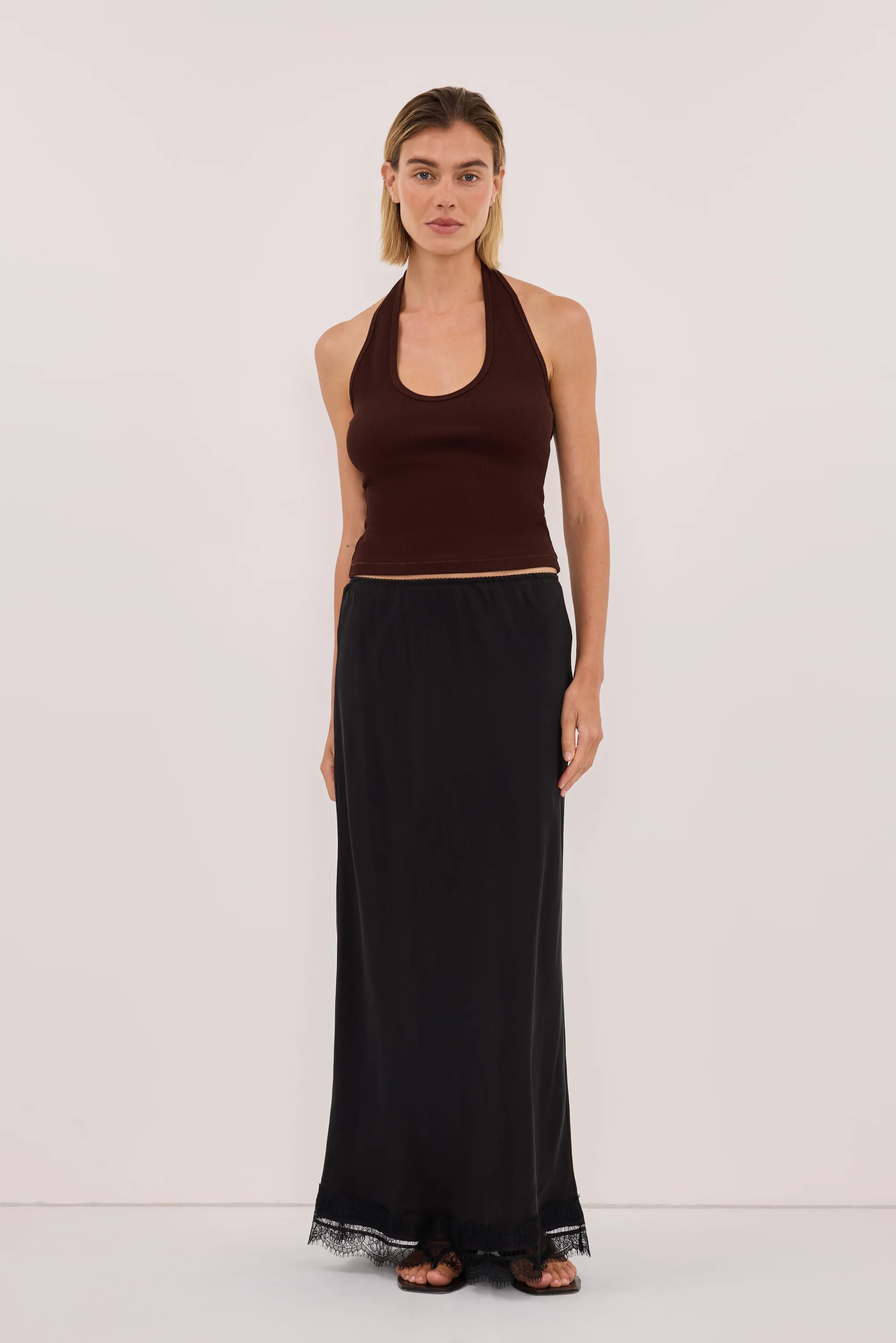 HARLAN BURNT CHOC KNIT HALTER TOP | DISSH