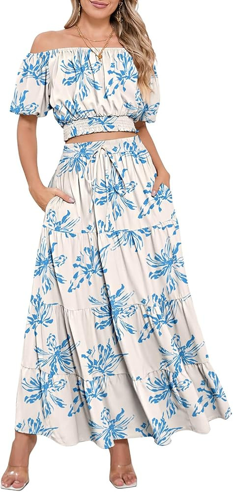 HUUSA 2025 Summer 2 Piece Boho Outfits for Women Short Sleeve Off Shoulder Crop Top and High Wais... | Amazon (US)