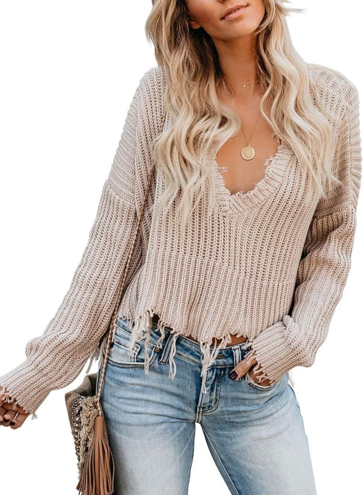 Astylish Women Sexy Loose V Neck Ripped Knitted Pullover Crop Sweater Top | Amazon (US)