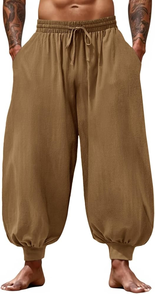 Runcati Mens Harem Pants Casual Elastic Waist Drawstring Baggy Hippie Trousers Cotton Linen Boho ... | Amazon (US)