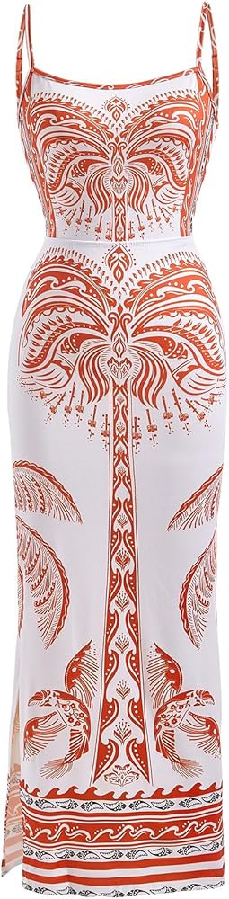 Women's Tropical Print Tie Backless Maxi Dress Boho High Split Square Neck Bodycon Vacation Dress... | Amazon (US)