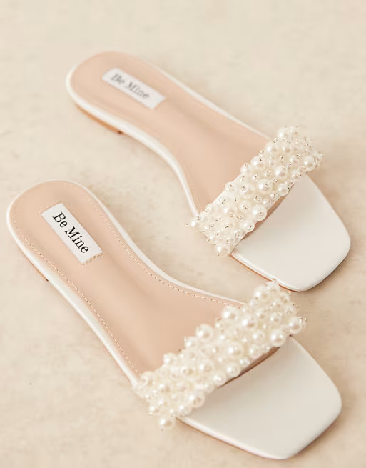 Be Mine Bridal Kiely pearl embellished flat sandals in ivory | ASOS (Global)