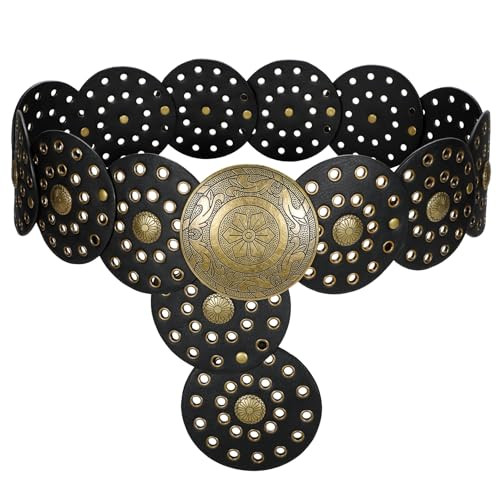 LEACOOLKEY Women's Boho Disc Belt Wide Western Leather Belt Vintage Concho Waist Belt for Dress J... | Amazon (US)