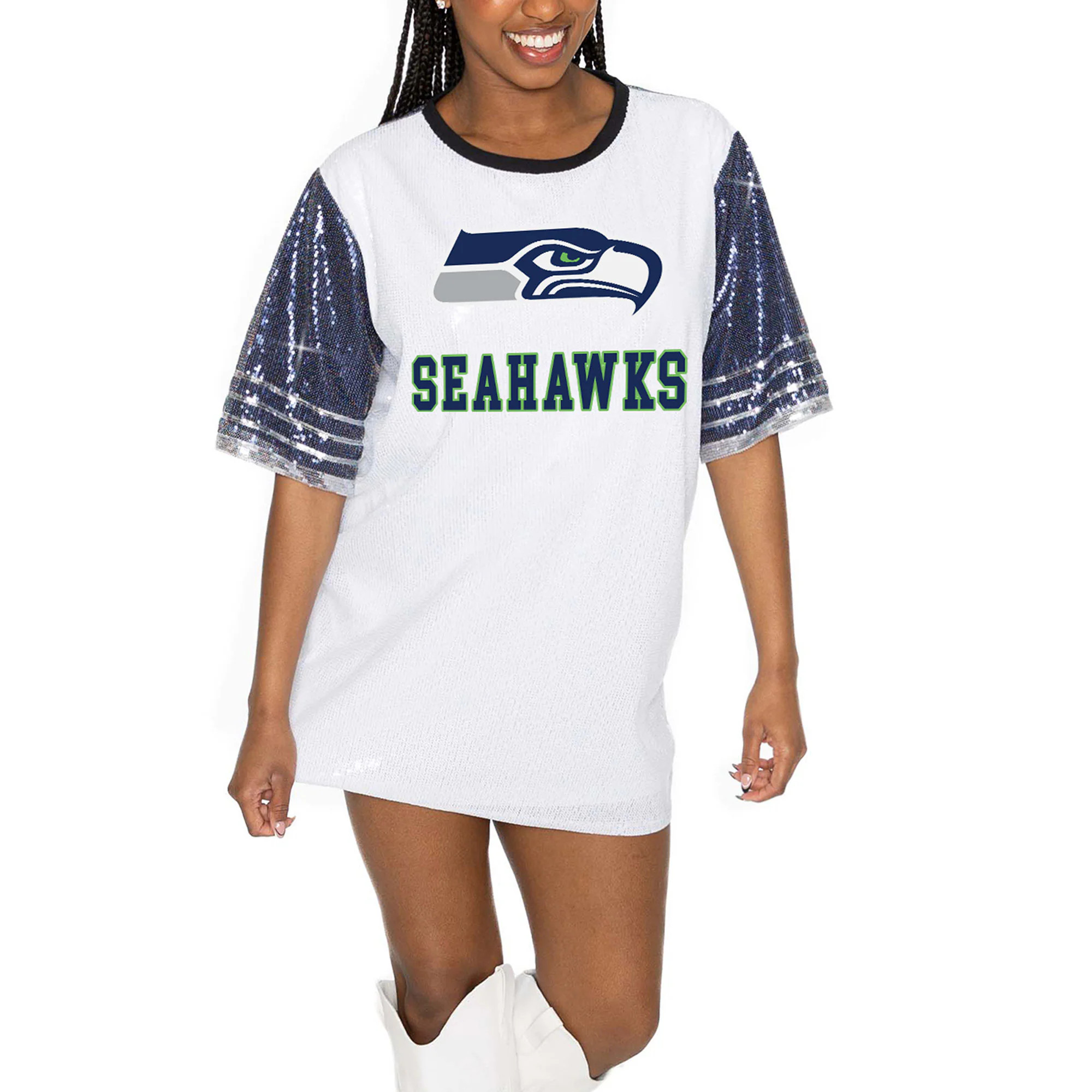 Seattle Seahawks Gameday Couture Women's Bling It Full Sequin Jersey Dress - White/College Navy | Fanatics