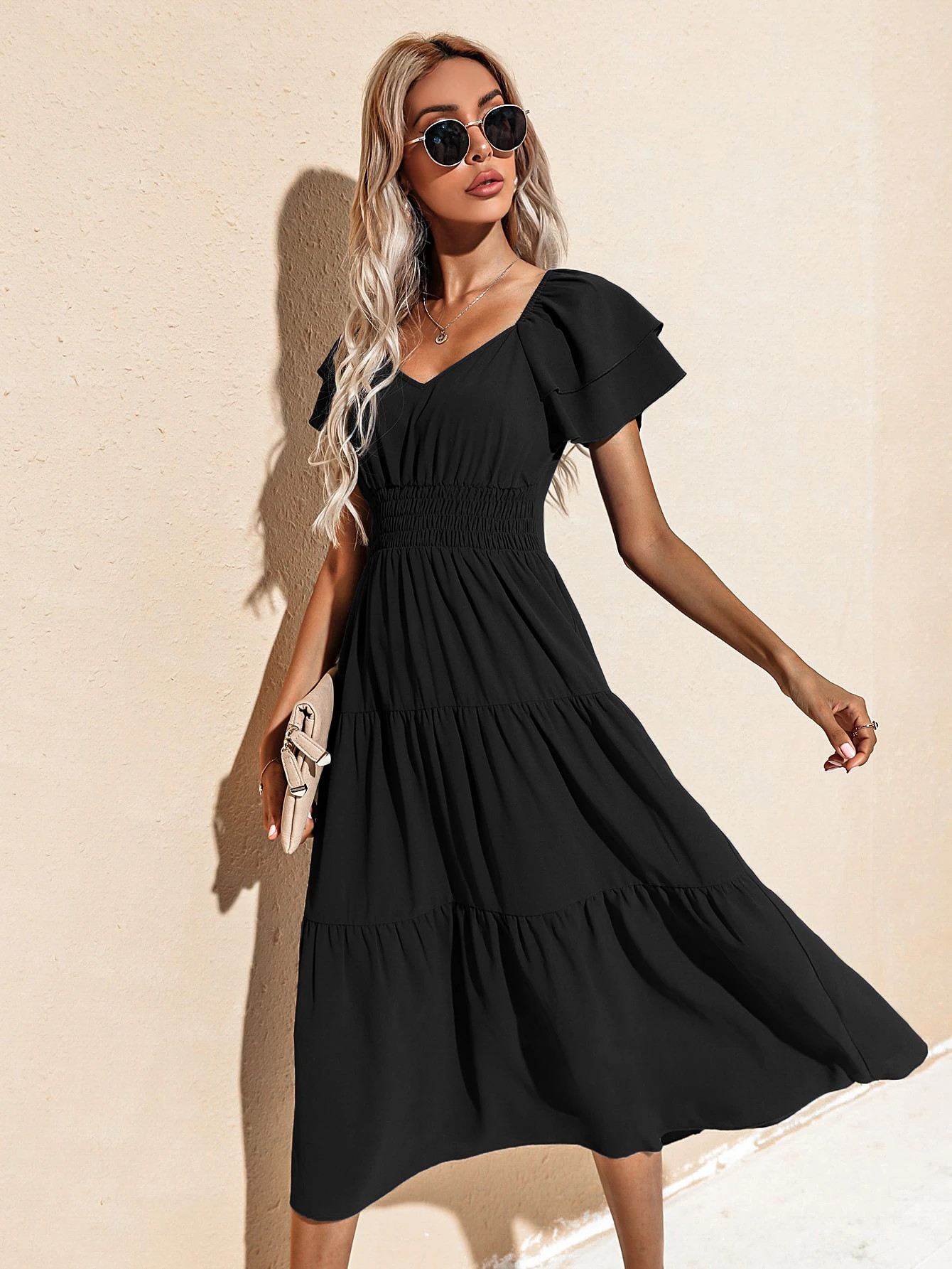 Sweetheart Neck Shirred Waist Ruffle Hem Dress | SHEIN