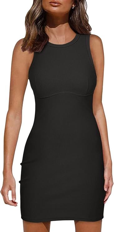 Panesare Bodycon Ruched Tank Dress Summer Solid Crew Neck Sleeveless Short Mini Dresses | Amazon (US)