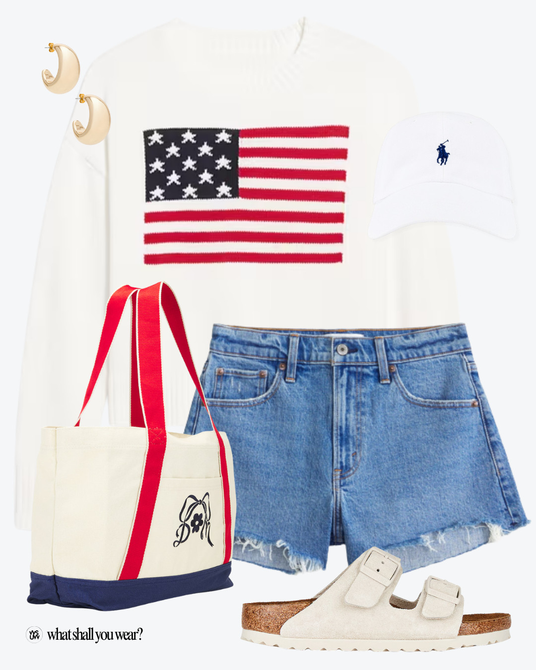Fourth of july outfit idea, july 4 outfit idea, fourth of july outfit, july 4 outfit, july 4th outfit, 4th of july outfit, americana outfit, american flag sweater, fourth of july sweater, beach sweater, tote bag, beach bag, americana tote bag, birkenstock sandals, summer sandals, cutoff denim shorts, denim shorts, jean shorts, cutoff jean shorts, huggie hoops, white baseball cap, beachy outfit idea 

 #LTKSummerEdit #LTKShoeCrush #LTKItBag