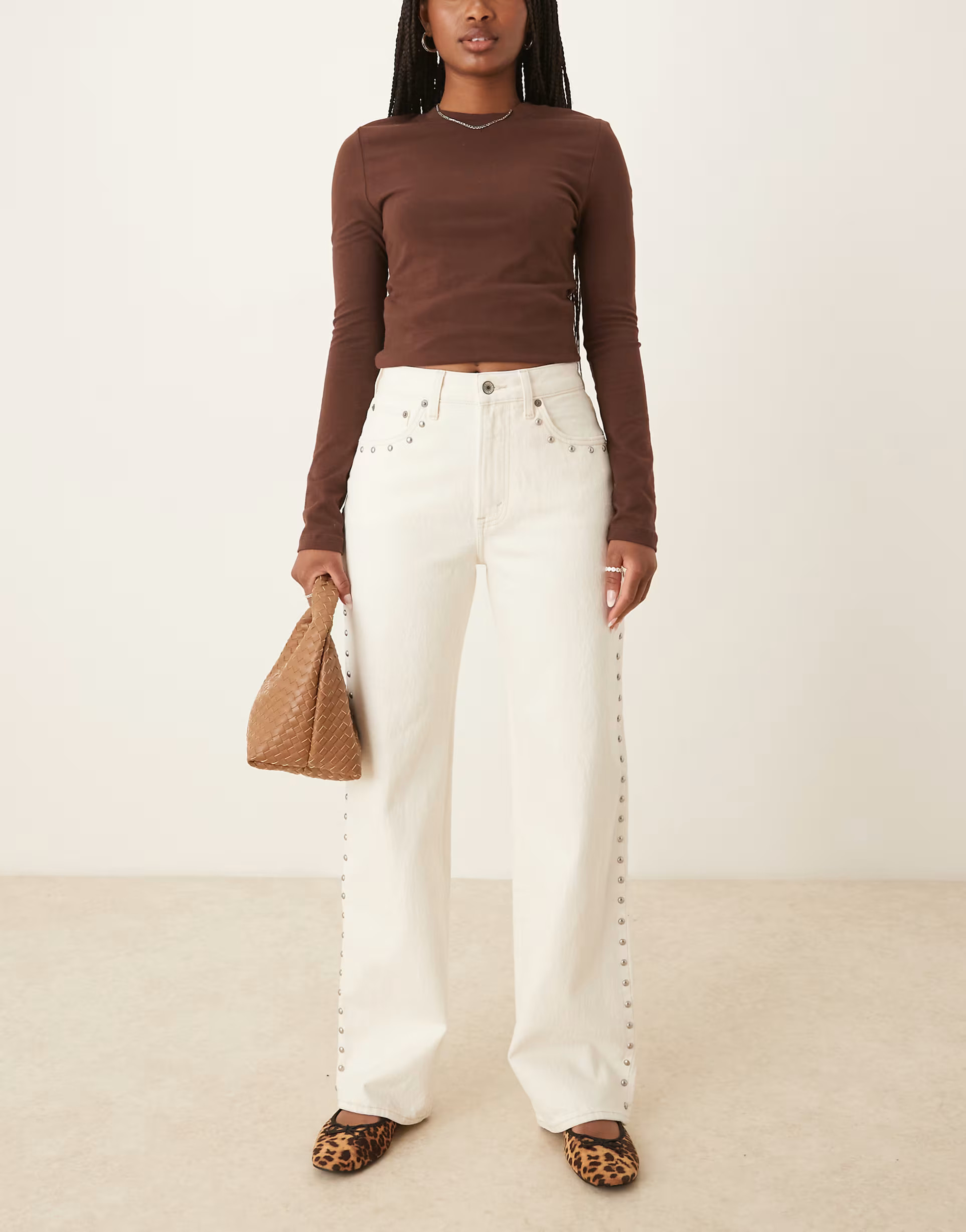 Abercrombie & Fitch curve love high rise 90's relaxed studded jeans in ecru | ASOS (Global)