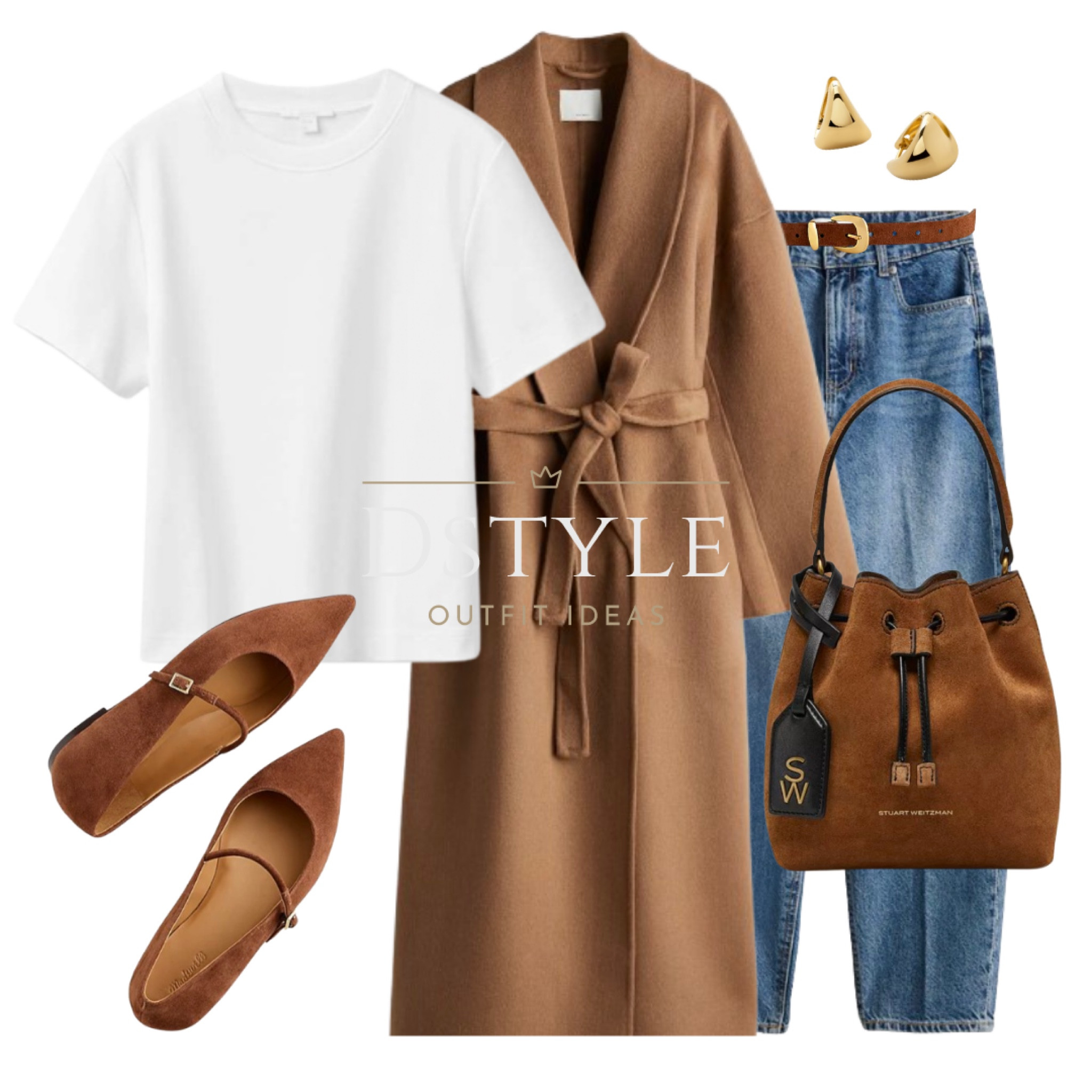 Dark beige wool-blend belted coat, white t-shirt, tapered jeans, brown suede skinny belt, brown suede mini bucket bag, brown suede Mary Jane flat shoes

#LTKShoeCrush #LTKStyleTip #LTKWorkwear