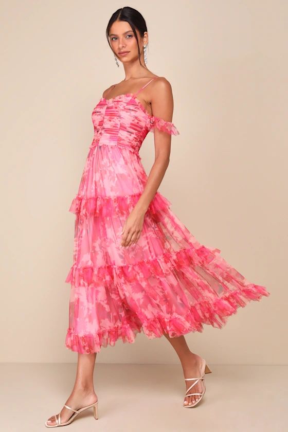 Exquisite Existence Pink Floral Mesh Pleated Ruffled Midi Dress | Lulus