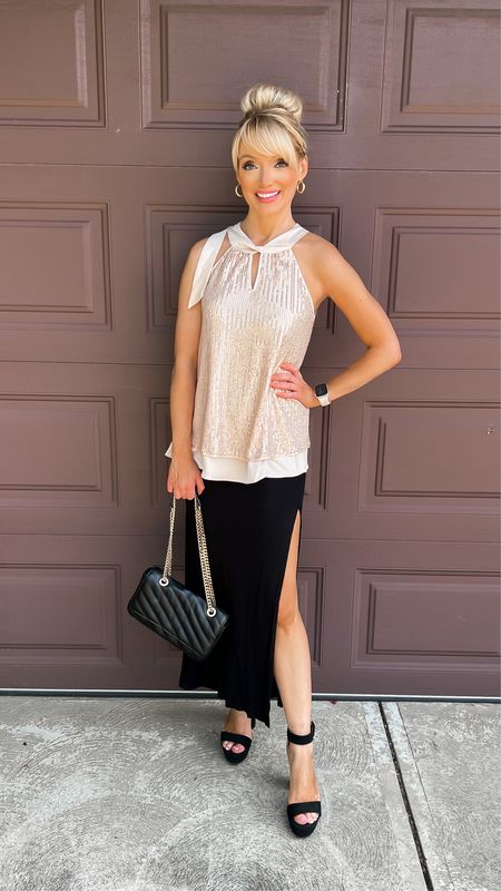 Wedding guest dress outfit from Amazon - sequin tunic halter top - high slit maxi skirt - quilted bag - platform heels - formal outfit idea - Amazon Fashion - Amazon finds 

#LTKstyletip #LTKSeasonal #LTKunder50